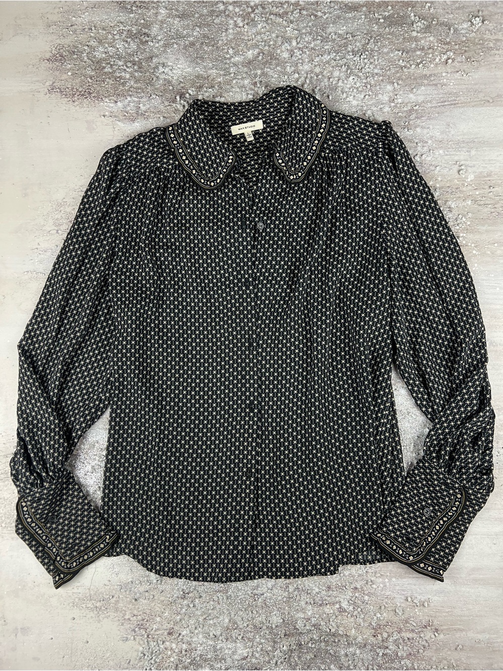 Max Studio Black Printed Long Sleeve Blouse with Decorative Collar Large